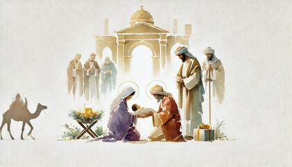 Three Wise Men worshiped baby Jesus and gave him gifts of gold, frankincense, and myrrh, Matthew 2. Digital painting.