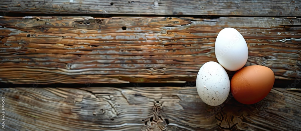 Aufkleber duck and chicken eggs on an aged wooden table the white egg is from a duck and the brown one is from