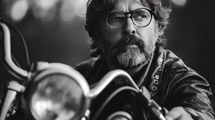 Cool Man in Glasses and Leather Jacket Riding Motorcycle