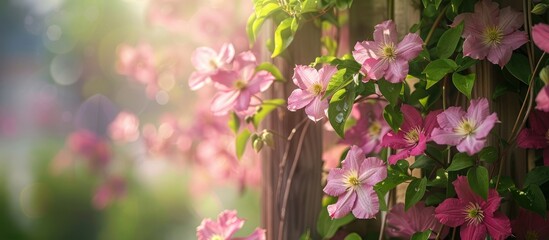 Pink clematis thrives on a wooden arbor with a backdrop of blooming pink dogwood creating a picturesque scene with copy space image