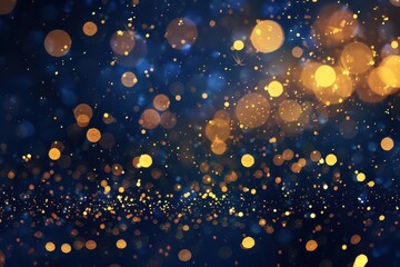 Obraz premium shimmering golden particles dance against a deep navy background creating a magical holiday atmosphere bokeh lights twinkle like distant stars evoking wonder and celebration
