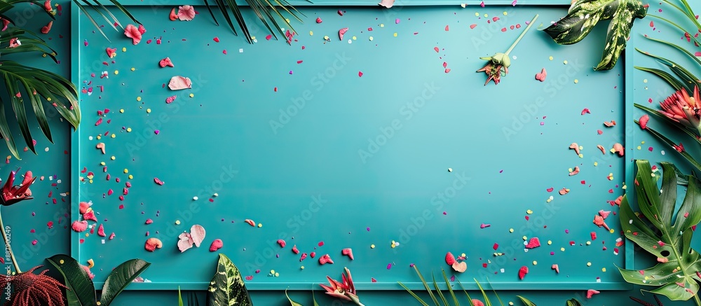 Aufkleber Blue background with confetti for a tropical weekend party featuring a photo frame with a blank area for text or ads a fitting copy space image