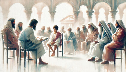Fototapeta premium Twelve-Year-Old Jesus amazes teachers in Jerusalem: Luke 2:40-52. Digital painting. 