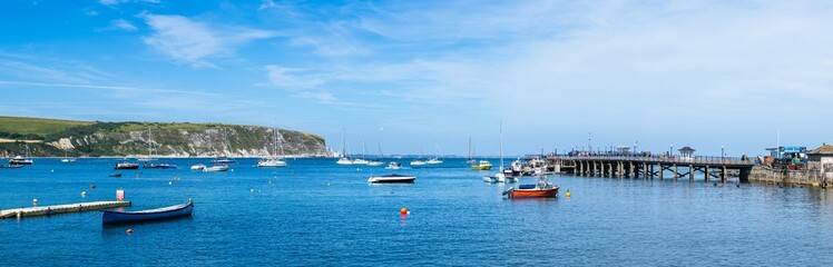 Panorama of Swanage Pier and yachts and boats on Swanage Bay, Swanage, Dorset, England