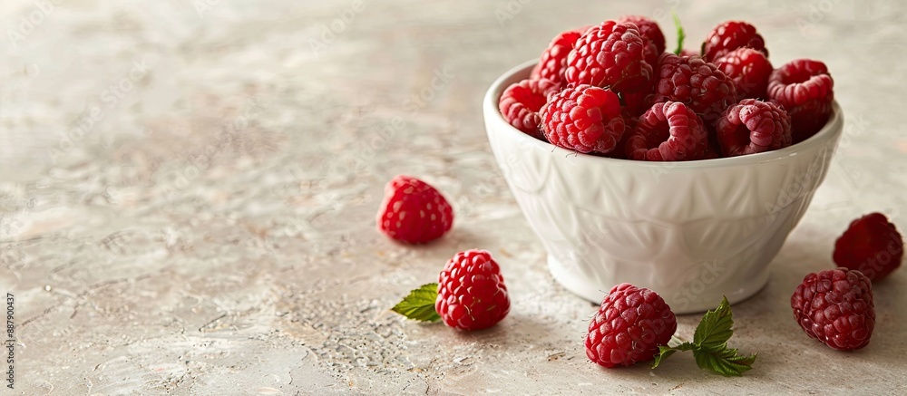 Aufkleber a white ceramic bucket with fresh raspberries on a light background featuring copy space image