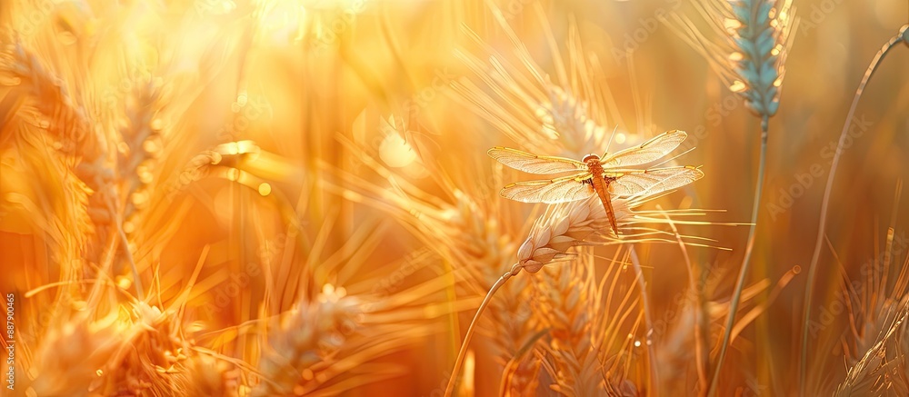 Aufkleber scenic field of golden rye under the sun with a close up image showcasing a dragonfly perched on a p