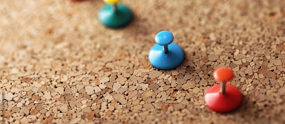 Poster sticky note with thumbtacks on cork board providing copy space image