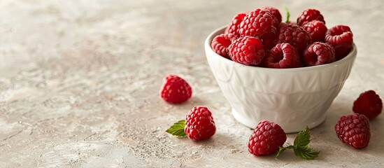 A white ceramic bucket with fresh raspberries on a light background featuring copy space image