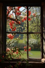 Scenic spring garden viewed through window adorned with blossoming pink tree branches