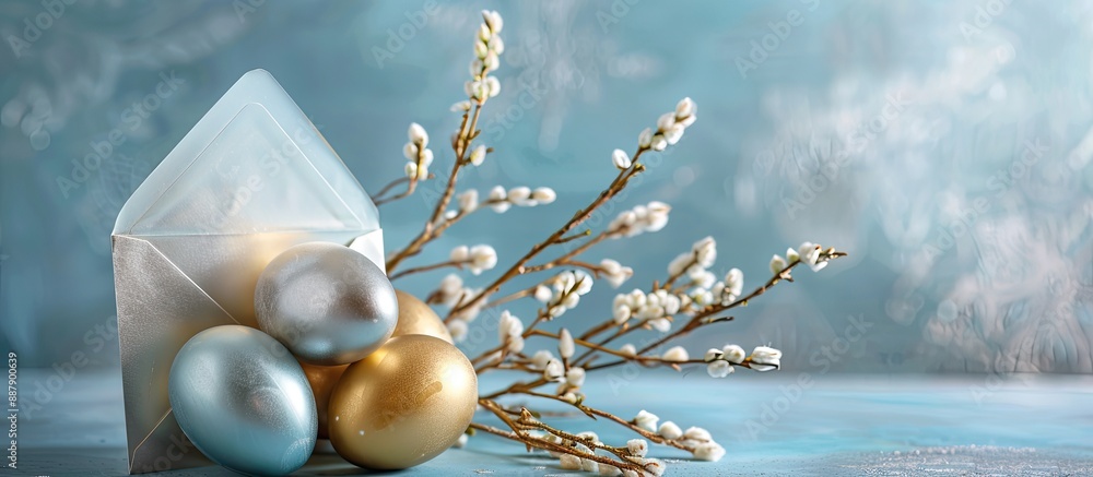 Aufkleber golden and silver easter eggs willow branches inside an envelope on a blue backdrop for easter celeb