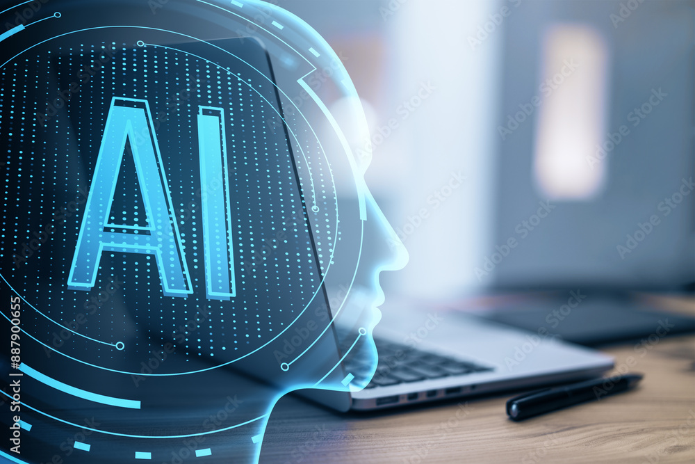 Poster close up of laptop and pen on desk with creative ai head outline on blurry background. artificial in