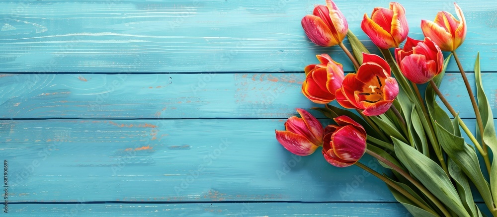 Poster Tulip bouquet displayed on a blue wooden table for Women s Day and Mother s Day set up as a flat lay with available copy space image
