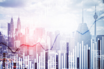 Creative city texture with upward forex chart. Stock and trade concept. Toned image. Double exposure.