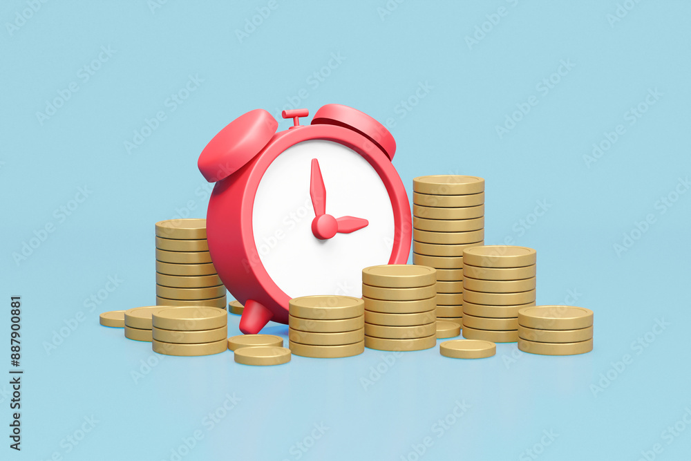 Canvas Prints 3D rendering with alarm clock and pile of coins This image emphasizes the relationship between time and wealth.