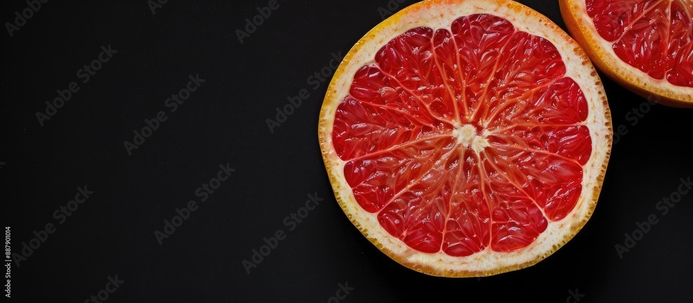 Poster black background showcases grapefruit slice with unobstructed copy space image