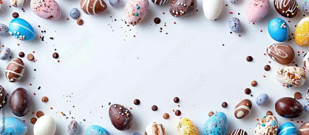 Leinwandbilder A colorful Easter frame made of chocolate eggs on a white background The top view showcases a copy space image for personalized messages