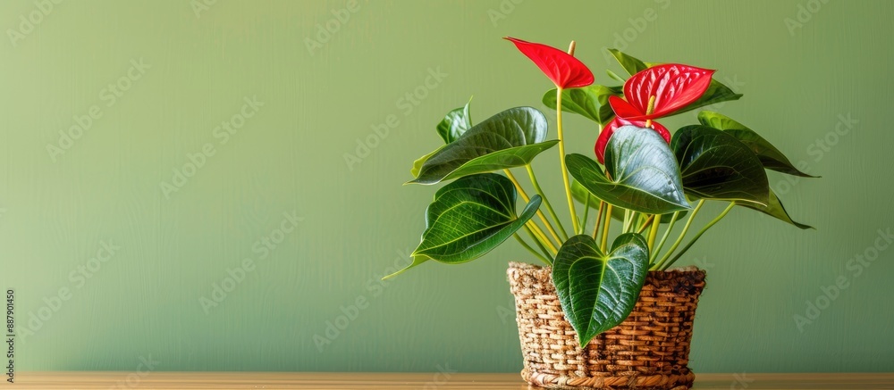 Poster anthurium flower in wicker pot on table with green background suitable for copy space image