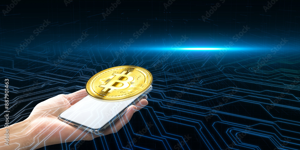Poster close up of female hand holding cellphone with creative golden bitcoin and circuit on blue backgroun