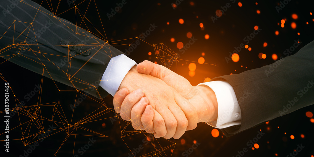 Aufkleber Close up of handshake with glowing plexus pattern on blurry background. Innovation, partnership and technology concept.