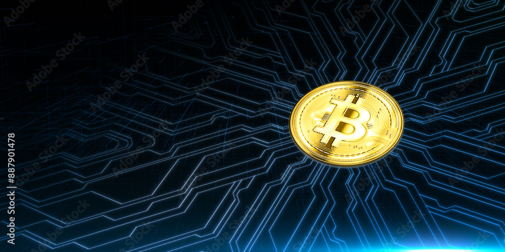 Poster Creative golden bitcoin and circuit on blue wallpaper. Cryptocurrency and blockchain concept. 3D Rendering.