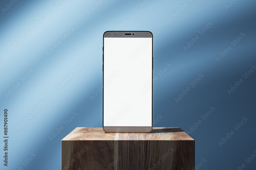 Poster close up of empty white smartphone on wooden brick pedestal. gradient blue wall background. mock up,