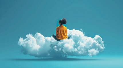 A woman sitting on a cloud in the sky, looking upwards.