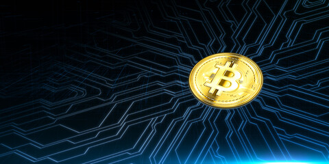 Creative golden bitcoin and circuit on blue wallpaper. Cryptocurrency and blockchain concept. 3D Rendering.