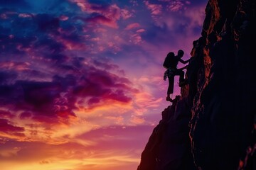 Fototapeta premium silhouette of determined climber ascending steep mountain face at sunset dramatic sky with vibrant oranges and purples symbolizes personal growth and overcoming challenges