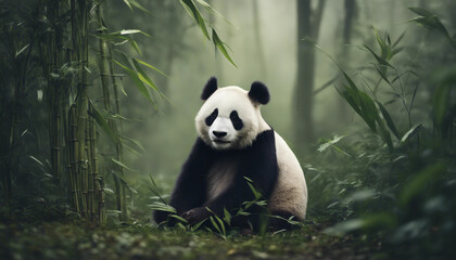 Fototapeta premium A panda eating bamboo in a lush forest, foggy morning 