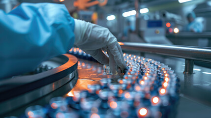 Pharmaceutical Production. Scientist Checking Vials on Conveyor Belt