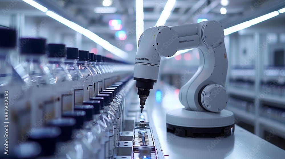 Aufkleber a robotic arm assembles products on a conveyor belt in a high-tech laboratory setting.