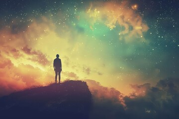 Fototapeta premium silhouette of solitary figure gazing at surreal luminous sky spiritual contemplative mood dreamlike landscape