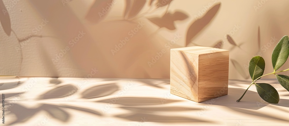 Aufkleber a simple wooden cube with shadows leaves on beige backdrop ideal for product presentations or cosmet