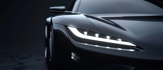 A car with a black body and white lights