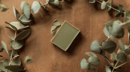 Eucalyptus soap on natural brown backdrop Flat lay with empty space