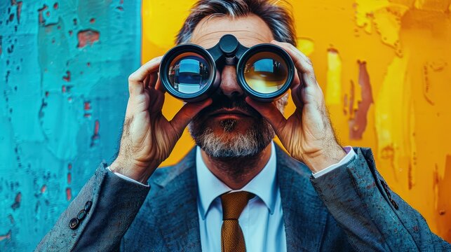A man wearing a suit and tie is looking through binoculars - Powered by Adobe