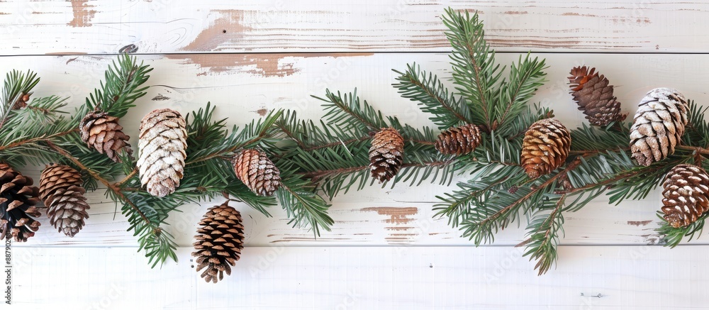 Poster evergreen cones and twigs for christmas decoration arranged on a white wooden table background with 