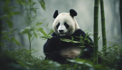 Fototapeta premium A panda eating bamboo in a lush forest, foggy morning 