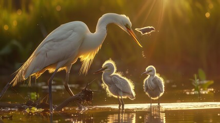 Obraz premium A mother bird is feeding her two babies in a pond