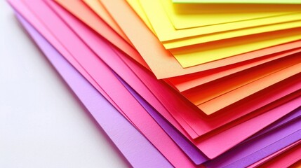 Vibrant colored office paper sheets captured up close on white surface Assorted colors like red pink purple yellow orange green