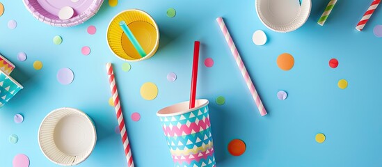Birthday party idea featuring disposable cups straws and cardboard plates on a blue backdrop with copy space image