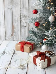 New Year gifts displayed in a festive Christmas setting on a white wooden surface including a Christmas tree alongside copy space image
