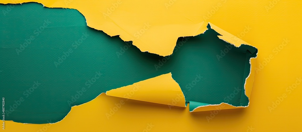 Poster Abstract green and yellow paper with a torn hole in the center background a flat lay design seen from above with available copy space image