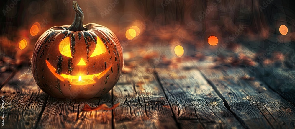 Poster close up of a halloween pumpkin decoration illuminated by a spotlight with a rim light effect agains