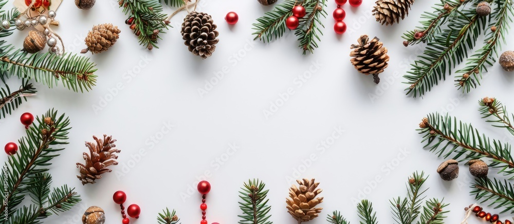 Poster Top down flat lay of a New Year greeting arrangement featuring pine branches cones and beads on a white background surrounded by a frame for a copy space image