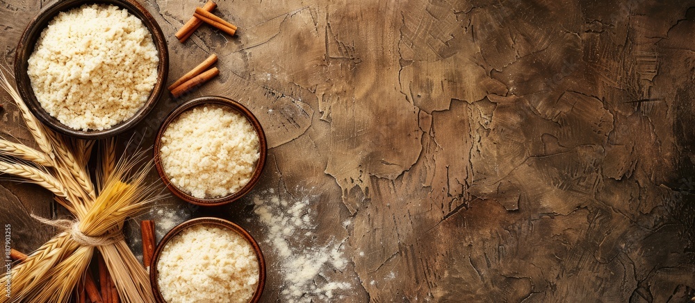Poster grunge background with bowls of raw semolina and spikelets with cinnamon ideal for copy space image