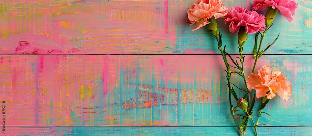 Poster Mother s Day photography concept featuring lovely carnations on a template card set against a vibrant wooden backdrop with empty space for text shot from above in a flat lay style