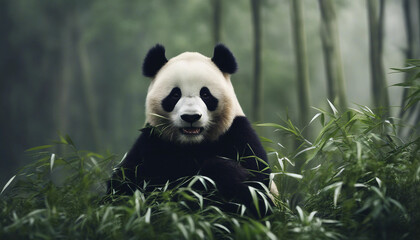 Fototapeta premium A panda eating bamboo in a lush forest, foggy morning 