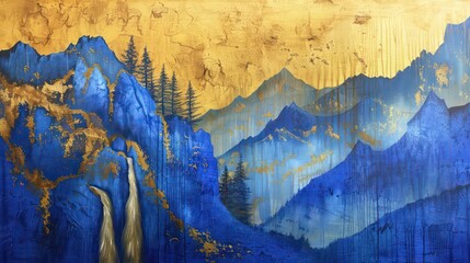 Naklejka premium A painting of mountains with a waterfall in the foreground