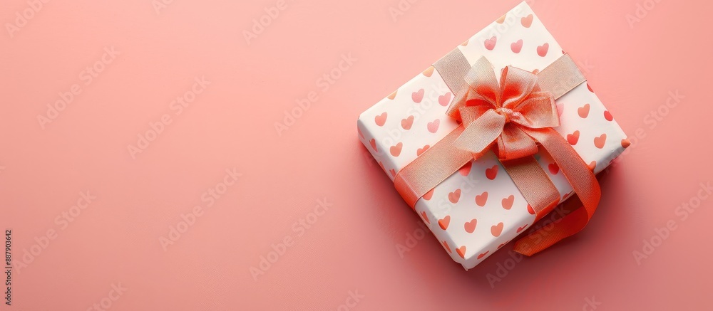 Aufkleber valentine s day theme with a romantic touch flat lay with a peach colored and white gift box on a pi